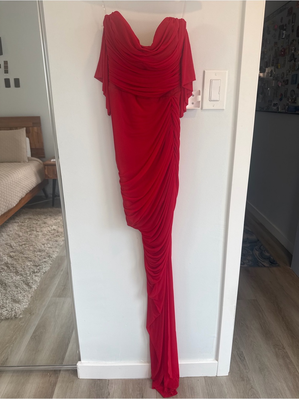 REVOLVE NOOKIE Dita Mesh Gown Red Ruched Off-Shoulder Evening Dress - Picture 6 of 11